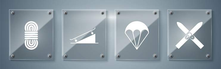 Set Ski and sticks, Parachute, Skateboard on street ramp and Climber rope. Square glass panels. Vector