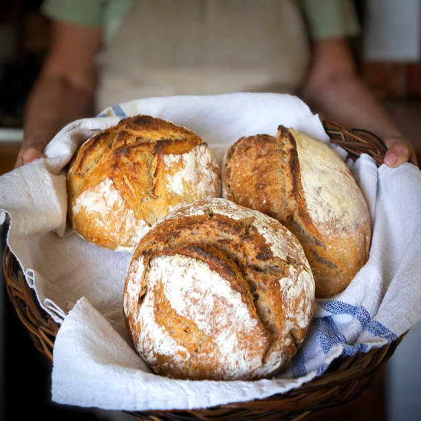 Freshly made bread cooling in racks in a bakery.