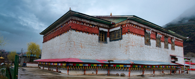 prayer house of Qingduo Temple,  in Qingdo town, Bomi County, Linzhi, Tibet Autonomous Region, China.