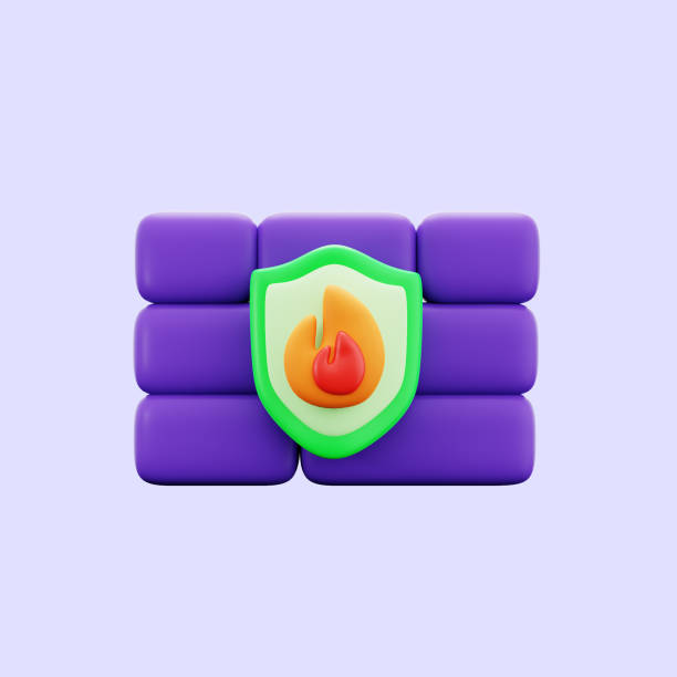 brick building with shield and burn fire for firewall computer cyber security anti virus 3d icon illustration render design