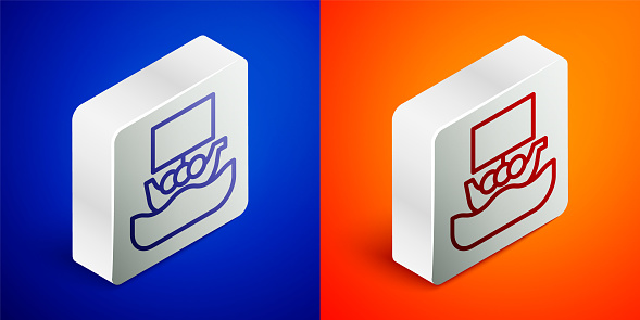Isometric line Ancient viking scandinavian drakkar icon isolated on blue and orange background. Viking transport ship. Silver square button. Vector.