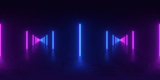 istock Glowing neon lines. Full spherical panorama 360 degrees. Reflections on ground, lights, abstract vintage retro background, ultraviolet, spectrum vibrant colors, laser show. 3D render illustration. 2151513107