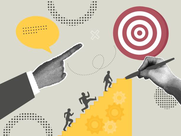 istock Trendy halftone business concept collage.Executive hand points target to top of ladder, other hand enlarges ladder. Teamwork. Retro style collage.Template for web banner,social media banner. 2151513725