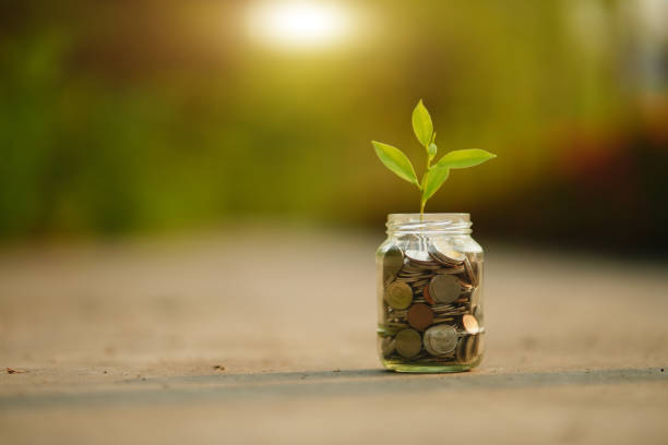 istock Saving money by hand puting coins in jug glass on nature background 2151514639