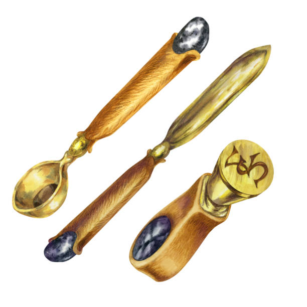 istock Seal, spoon for melting sealing wax, knife for cutting paper from an antique writing set made of bronze with mahogany handles and semi-precious stone. Watercolor illustration for design template 2151515077