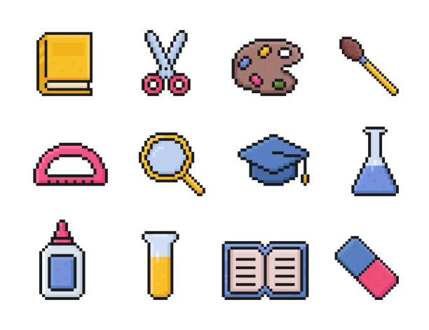 back to school supplies pixel art icon set, university, education items, 8 bit, 80s, 90s, book, scissors, brush, art palette, protractor, graduation hat, magnifying glass, flask, glue, eraser back to school supplies pixel art icon set, university, education items, 8 bit, 80s, 90s, book, scissors, brush, art palette, protractor, graduation hat, magnifying glass, flask, glue, eraser pixel art stock illustrations
