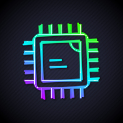 Glowing neon line Computer processor with microcircuits CPU icon isolated on black background. Chip or cpu with circuit board. Micro processor. Vector.