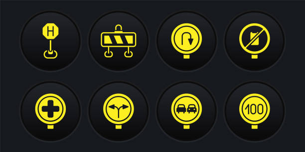 istock Set Hospital road traffic, No cell phone, Fork in the, overtaking, Turn back sign, Road barrier, Speed limit and icon. Vector 2151522174