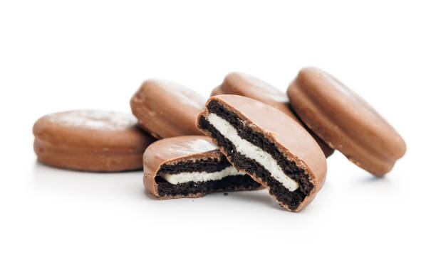 A Close-Up View of Chocolate Covered Biscuits on isolated a White Background