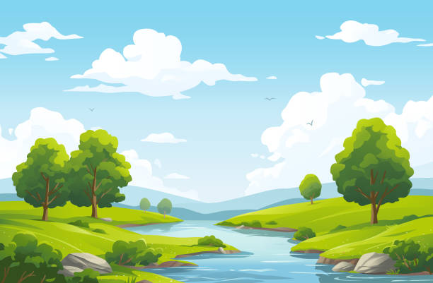 Idyllic River Landscape Idyllic landscape with a river, green meadows, trees, bushes, hills and a bright cloudy sky. Vector illustration with space for text. riverbank stock illustrations