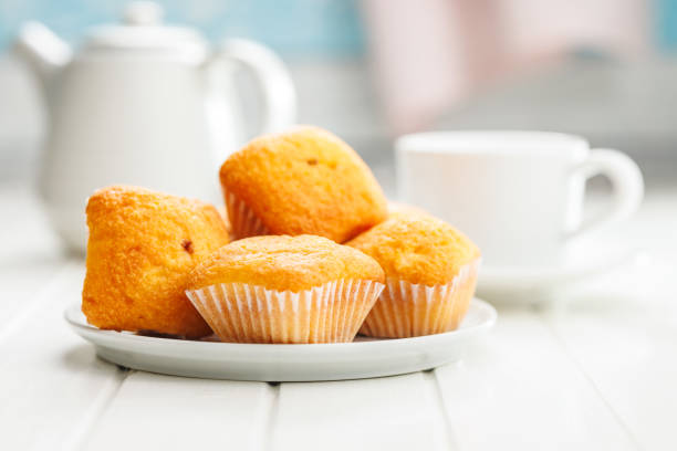 Magdalenas the typical spanish plain muffins on plate on a white table.