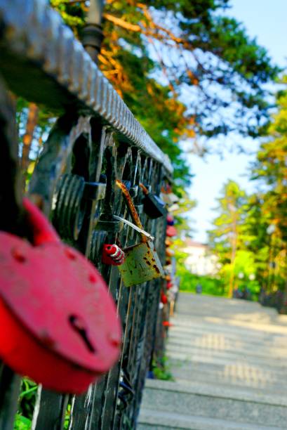 istock Metal fence and colorful locks. 2151525103