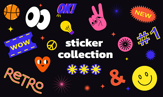 Collection of trendy retro sticker cartoon shapes. Funny comic character art and quote patch bundle. Modern slang word, catchphrase sign, text slogan. Collection of various patches, labels, tags