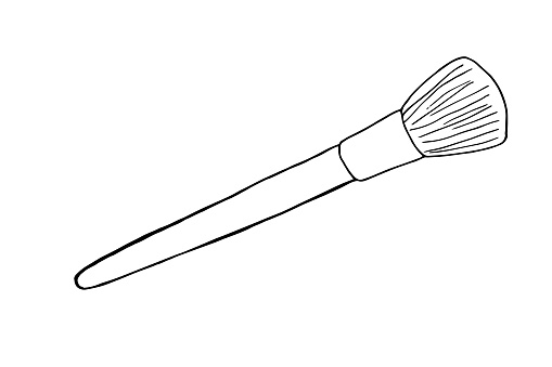 Makeup brush isolated on white background. Black and white outline doodle illustration of brush for blush, bronzer.