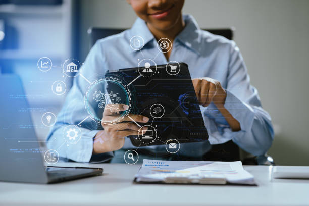 istock Digital transformation technology strategy, Person using laptop, tablet and smartphone with of things. transformation of ideas and the adoption. 2151532005