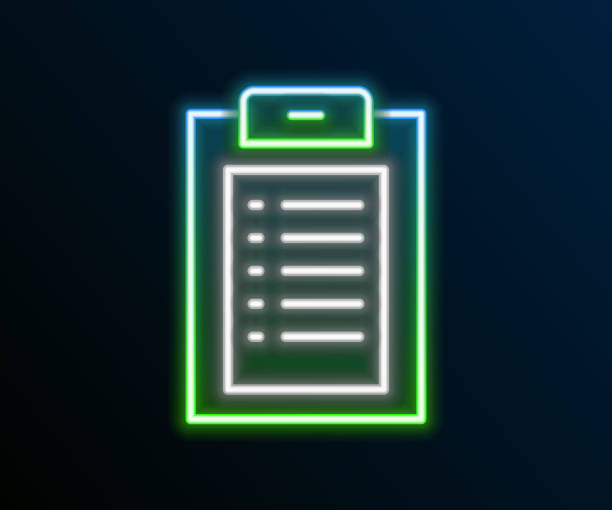 istock Glowing neon line Medical clipboard with clinical record icon isolated on black background. Health insurance form. Prescription, medical check marks report. Colorful outline concept. Vector 2151532630