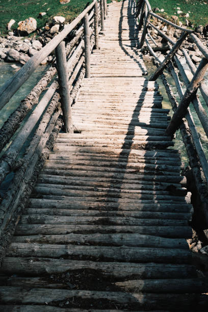 Old wooden footbridge over stream in mountain forest