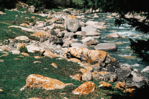 Scenic river is flowing over rocks in mountain gorge