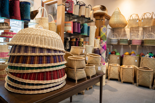 Various types of rattan products selling in the retail shop.