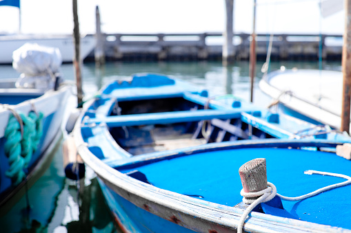 Pellestrina - Venice, Italy - April 28, 2024. Old fishing boat  in Venetian Lagoon.