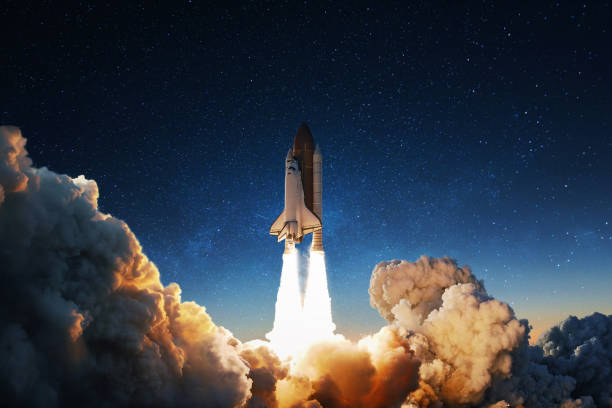 istock Successful launch of the space shuttle in smoke and blastoff. The rocket flies upward. Startup launch, concept 2151541086