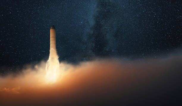 istock Successful rocket take off into the starry sky with the milky way. Space mission start. spacecraft launches and lift off 2151542521