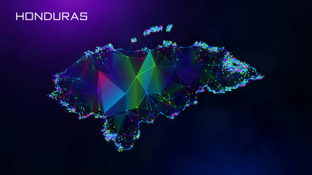 istock Futuristic Honduras Map Polygonal Blue Purple Colorful Connected Lines And Dots Network Wireframe With Text On Hazy Flare Bokeh 2151542696