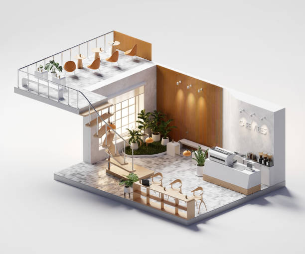 istock Isometric room minimal cafe store open inside interior architecture 3d rendering digital art 2151546097