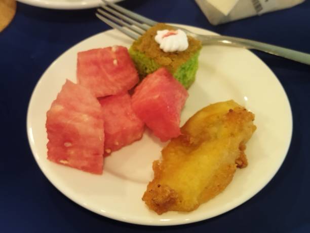Atermelon, cakes and fried banana