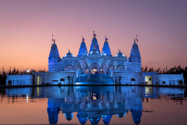 BAPS Shri Swaminarayan Mandir Hindu Temple at sunset