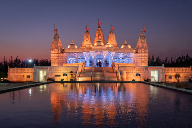 BAPS Shri Swaminarayan Mandir Hindu Temple at sunset