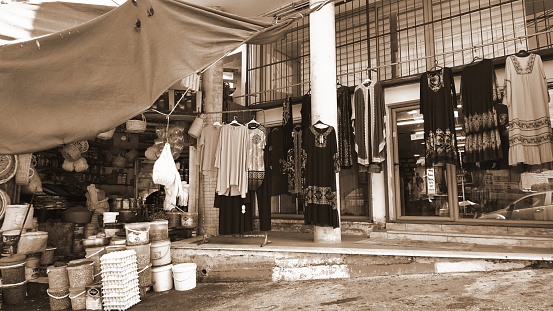 Sepia Tone Traditional Market Clothing Stall