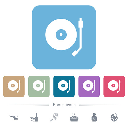 Turntable white flat icons on color rounded square backgrounds. 6 bonus icons included