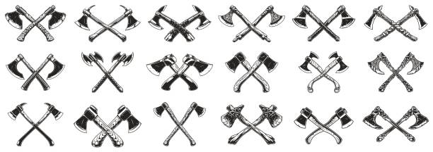 Crossed axes monochrome set elements Crossed axes monochrome set elements with tools for lumberjacks and dangerous weapons of medieval knights vector illustration axe stock illustrations