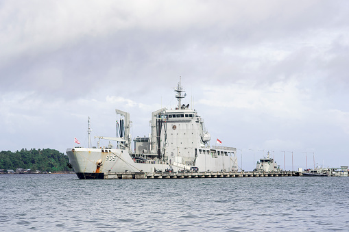 Sorong, Southwest Papua, Indonesia, 05/30/2021. A military transport ship was docked at the naval port