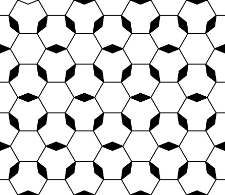 Vector monochrome seamless texture, black & white ornamental geometric pattern. Thin lines, repeat tiles, hexagons, rhombuses, polygons. Modern minimalist style. Abstract endless subtle background