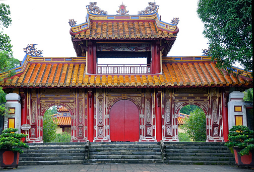 Hue, Vietnam - October 8, 2022: Imperial gate entrance to Gia Long Tomb