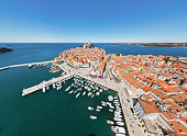 Aerial view of harbor and old town Rovinj. Istria, Croatia.