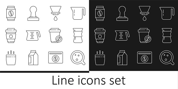 Set line Coffee cup Pour over coffee maker V60 pot to go Bag beans and tamper icon. Vector.