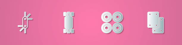 istock Set paper cut Tool allen keys, Longboard or skateboard, Skateboard wheel and Knee pads icon. Paper art style. Vector 2151568119