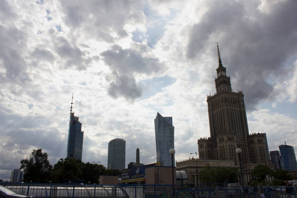 Warsaw, Poland - 27 July: modern skyscrapers and the Science House against a cloudy sky 27 July, 2022 in Warsaw, Poland