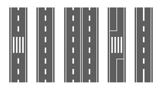 Vector Set of Straight Road Section Designs For Urban Planning, City Mapping, Traffic Simulation, And Transport-oriented Projects. Each Section Highlights Different Road Markings, Lanes And Crosswalks