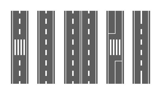 Various Vector Road Sections Showcased In Detailed Style For Urban Planning, City Mapping, Traffic Simulation And Transport-oriented Projects, Highlights Different Road Markings, Lanes, And Crosswalks