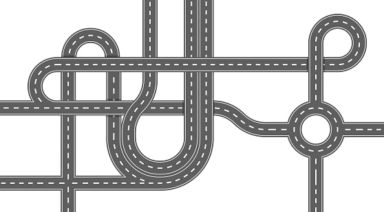Complex Interconnected Road System With Multiple Junctions And Lanes. Design Represents Transportation, Connectivity, And Urban Planning In A Simplified, Monochromatic Style. Vector Illustration