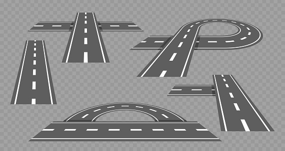 Vector Set Of Different Road Section Perspectives. Straight, Curved And Intersection Designs In Grayscale, Ideal For Map Layouts And Traffic Flow Diagrams, Planning Or City Traffic Visualizations
