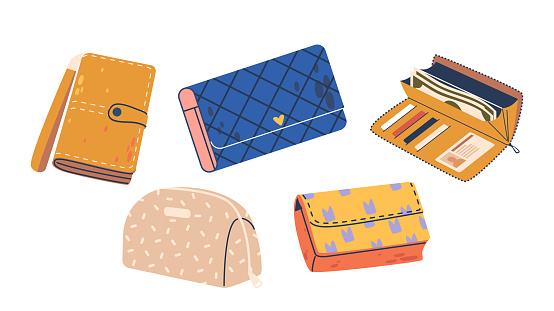 Stylish Women Wallets, Featuring Various Designs. Colorful Collection Of Five Fashion Accessories Designed To Hold Cards, Cash And Daily Essentials. Isolated Cartoon Vector Illustration.