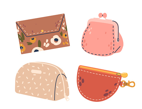 Collection Of Stylish Women Wallets In Various Shapes, Sizes And Playful Designs, Featuring Pastel Colors And Trendy Patterns. Fashionable Everyday Accessories. Isolated Cartoon Vector Illustration.