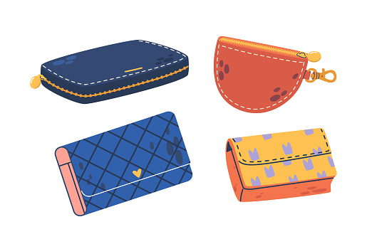 Colorful Vector Illustration Showcasing A Variety Of Women Wallets In Different Styles And Patterns. Set Includes A Blue Long Wallet, Red Half-moon Pouch, Patterned Blue And Patterned Yellow Wallets