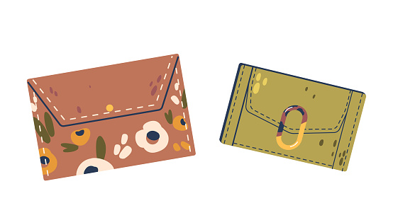 Two Stylized Women Wallets, One In Brown With A Floral Pattern, And Another In Green With A Dot Pattern. Modern Fashion Accessory Showcase A Contemporary Design Style. Cartoon Vector Illustration
