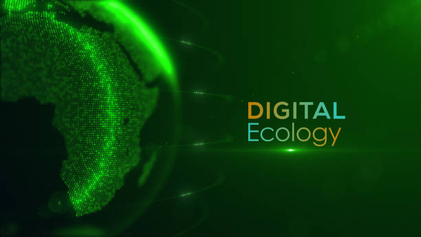 istock Digital Ecology Lettering On Green Shiny Half Left Position View Of Dotted Globe Earth World Map, With Bokeh Light Flare 2151572130